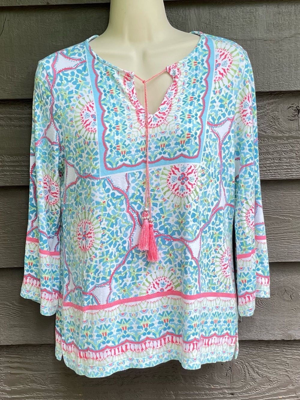 Ruby Rd Boho Medallion Tassel Top Rayon 3/4 Sleeve Pastel Tunic Women's PS - Picture 2 of 14